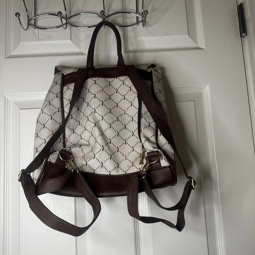 Baby Phat Y2K Embroidered Rose Floral Backpack Cream Brown Logo Print Bag